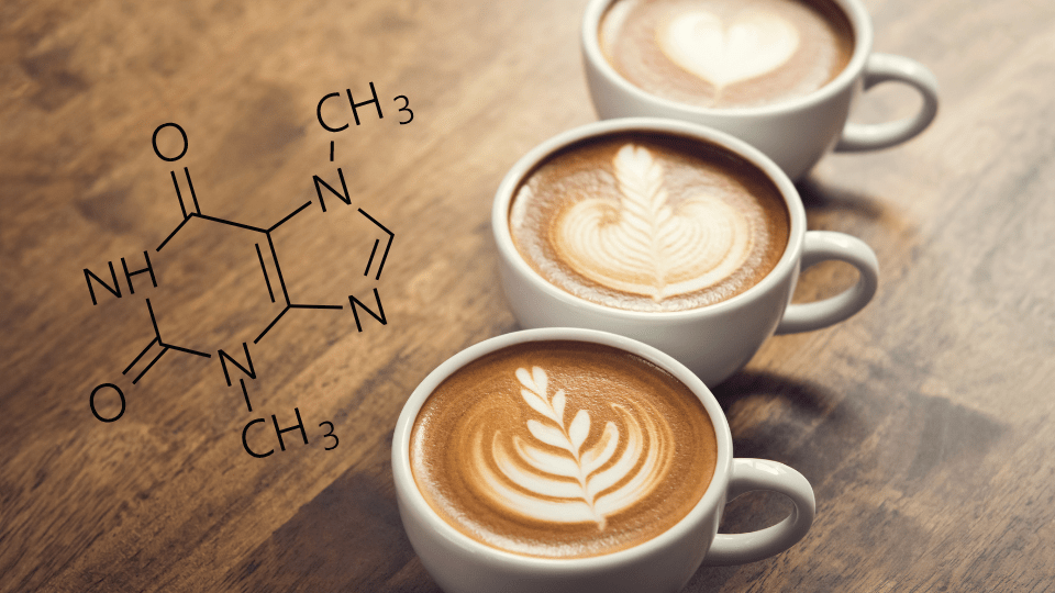 Drei Tassen Kaffee stehen auf dem Tisch, daneben steht die chemische Formel von Koffein.